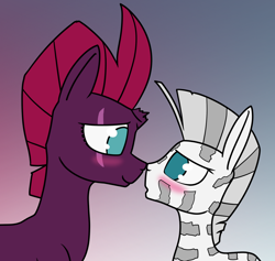 Size: 1400x1326 | Tagged: safe, artist:dacaoo, derpibooru import, tempest shadow, oc, pony, unicorn, zebra, blushing, boop, broken horn, canon x oc, eye scar, female, horn, larger female, male, noseboop, oc name needed, scar, shipping, size difference, smaller male, zebra oc