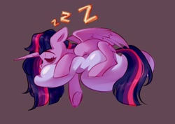 Size: 2048x1448 | Tagged: safe, artist:shore2020, derpibooru import, twilight sparkle, twilight sparkle (alicorn), alicorn, pony, bags under eyes, cloud, cute, eyes closed, female, gray background, lying down, mare, on a cloud, onomatopoeia, profile, prone, simple background, sleeping, solo, sound effects, twiabetes, zzz