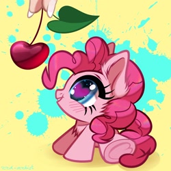 Size: 3000x3000 | Tagged: safe, artist:rrd-artist, derpibooru import, pinkie pie, earth pony, pony, blushing, cheek fluff, cherry, chest fluff, chibi, cute, diapinkes, ear fluff, female, food, heart eyes, high res, looking at something, mare, offscreen character, offscreen human, profile, sitting, tiny, tiny ponies, weapons-grade cute, wingding eyes