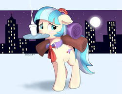 Size: 871x671 | Tagged: safe, artist:vinilyart, derpibooru import, coco pommel, earth pony, pony, city, cityscape, cocobetes, cute, female, floppy ears, mare, mouth hold, solo