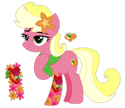 Size: 466x401 | Tagged: safe, artist:acuteexposure, artist:painterede, artist:selenaede, artist:strawberry-spritz, derpibooru import, oc, oc only, oc:floral fragrance (ice1517), earth pony, pony, base used, clothes, female, flower, flower in hair, icey-verse, magical lesbian spawn, mare, offspring, parent:carrot top, parent:roseluck, parents:carrotluck, raised hoof, scarf, simple background, solo, tattoo, transparent background