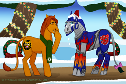 Size: 2993x2004 | Tagged: safe, artist:stargazerseven, derpibooru import, pony, bow, cross-popping veins, crossover, duo, leonine tail, mufasa, optimus prime, ponified, raised hoof, snow, tail bow, the lion king, transformers