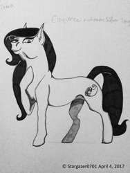 Size: 1224x1632 | Tagged: safe, artist:stargazerseven, derpibooru import, oc, oc only, oc:eloquence, earth pony, pony, earth pony oc, hooves to the chest, lineart, monochrome, solo, traditional art