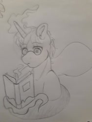 Size: 720x960 | Tagged: safe, artist:silentwolf-oficial, derpibooru import, oc, oc only, pony, unicorn, book, bust, glasses, glowing horn, grayscale, horn, lineart, magic, monochrome, reading, solo, telekinesis, traditional art, unicorn oc