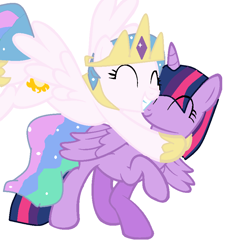 Size: 778x862 | Tagged: safe, artist:maverickmam, artist:thatanimeponyperson, derpibooru import, princess celestia, twilight sparkle, twilight sparkle (alicorn), alicorn, pony, base used, eyelashes, female, flying, grin, hoof shoes, hug, jewelry, lesbian, mare, shipping, simple background, smiling, tiara, twilestia, white background