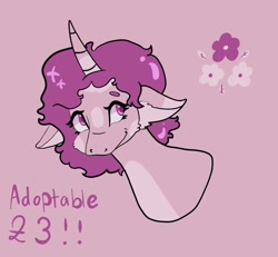 Size: 1080x996 | Tagged: safe, artist:dellieses, derpibooru import, oc, oc only, pony, unicorn, bust, horn, pink background, simple background, smiling, solo, unicorn oc