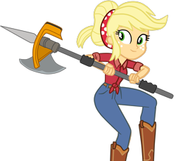 Size: 1575x1440 | Tagged: safe, artist:gmaplay, derpibooru import, applejack, equestria girls, clothes, halberd, jeans, pants, simple background, solo, transparent background, weapon