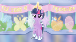 Size: 5750x3150 | Tagged: safe, artist:devfield, derpibooru import, twilight sparkle, twilight sparkle (alicorn), alicorn, pony, absurd resolution, banner, building, bush, clothes, craft, crepuscular rays, crown, crystal, crystal empire, cute, cutie mark, doorway, female, flower, folded wings, glow, happy birthday mlp:fim, hoof shoes, horn, jewelry, mare, mlp fim's tenth anniversary, raised hoof, reflection, regalia, sculpture, show accurate, smiling, solo, sparkles, stairs, street, tail accessory, twiabetes, vector, window, wings