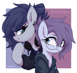 Size: 2725x2584 | Tagged: safe, artist:maren, oc, oc only, oc:vylet, pony, undead, vampire, vampony, black sclera, clothes, cute, cute little fangs, duo, fangs, gift art, glasses, headphones, high res, hoodie, jacket, lidded eyes