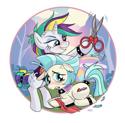 Size: 1280x1260 | Tagged: safe, artist:priscilla tramontano, derpibooru import, coco pommel, rarity, earth pony, pony, unicorn, alternate hairstyle, bracelet, circle background, clothes, dexterous hooves, do not want, duo, duo female, evil grin, female, grin, haircut, jewelry, lip bite, makeover, mare, nervous, punk, raripunk, scissors, smiling, vest