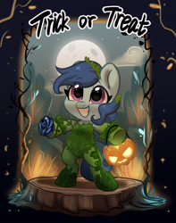 Size: 2233x2828 | Tagged: safe, artist:colorfulcolor233, derpibooru import, oc, oc:raylanda, earth pony, pony, cute, female, flower, halloween, happy, holiday, ocbetes, poison ivy, pumpkin bucket, rose, smiling, solo, trick or treat
