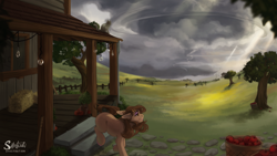 Size: 1920x1080 | Tagged: safe, artist:silentwulv, derpibooru import, oc, oc only, earth pony, pony, apple, basket, cloud, dark clouds, food, fruit, grass, hay bale, house, scenery, scenery porn, solo, storm, sunlight, tree
