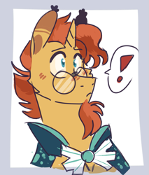 Size: 1023x1200 | Tagged: safe, artist:candyeater9115, derpibooru import, sunburst, unicorn, cape, clothes, exclamation point, facial hair, glasses, goatee, handsome, male, robe, solo, stallion, sunburst's glasses, sunburst's robe, surprised