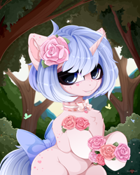 Size: 4000x5000 | Tagged: safe, artist:xsatanielx, derpibooru import, oc, oc only, oc:star dust, pony, unicorn, bow, chest fluff, choker, commission, female, femboy, flower, flower in hair, horn, looking at you, male, rcf community, solo, tail, tail bow