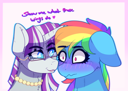 Size: 1309x933 | Tagged: safe, artist:aaa-its-spook, derpibooru import, rainbow dash, twilight velvet, pegasus, pony, blushing, female, flirting, glasses, jewelry, lesbian, mother, necklace, pearl necklace, shipping, velvetdash