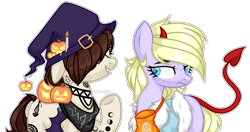 Size: 1728x915 | Tagged: safe, artist:midnightmusic, derpibooru import, nightmare moon, oc, oc only, oc:tatiana (ice1517), oc:winter jewel, demon, earth pony, ghost, pony, undead, vampire, vampony, bag, bandana, blank flank, candle, clothes, coat, commission, costume, devil, devil horns, devil tail, duo, eyes closed, fake wings, female, freckles, fur coat, grin, hairband, halloween, halloween costume, hat, holiday, jack-o-lantern, mare, nightmare night costume, pumpkin, raised hoof, simple background, smiling, tape, tattoo, transparent background, witch, witch costume, witch hat, ych result