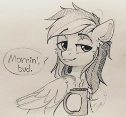 Size: 2048x1905 | Tagged: safe, artist:trickate, derpibooru import, rainbow dash, pegasus, pony, coffee, good morning, looking at you, morning ponies, sleepy, solo, traditional art, wings