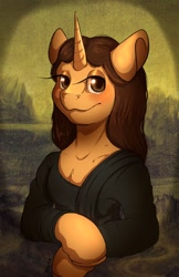 Size: 1452x2244 | Tagged: safe, artist:bellezebub, artist:rosethebunny, derpibooru import, pony, unicorn, bust, classic art, crossed hooves, eyelid, horn, looking at you, mona lisa, pona lisa, portrait, solo