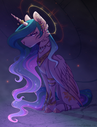 Size: 1395x1822 | Tagged: safe, artist:rainsrandomness, derpibooru import, princess celestia, alicorn, pony, bracelet, ear piercing, earring, female, halo, horn, horn ring, jewelry, mare, necklace, nose piercing, nose ring, piercing, reign, ring, royalty, sitting, solo