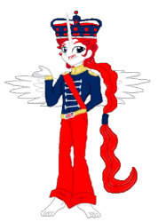 Size: 426x597 | Tagged: safe, artist:loomytyranny, derpibooru import, alicorn, hybrid, equestria girls, 1000 hours in ms paint, barefoot, briston empire, britain, crown, feet, jewelry, monarchy, png, ponytail, regalia, tyrant, wings