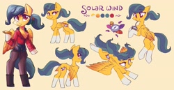 Size: 4096x2119 | Tagged: safe, artist:saxopi, derpibooru import, oc, oc only, oc:solar wind, pegasus, pony, semi-anthro, reference sheet, socks (coat marking), solo