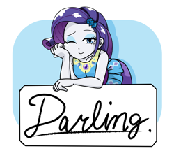 Size: 740x640 | Tagged: safe, artist:batipin, derpibooru import, rarity, better together, equestria girls, darling, female, looking at you, one eye closed, solo, wink