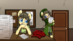 Size: 1600x900 | Tagged: safe, artist:spheedc, derpibooru import, oc, oc only, oc:khyoo, oc:orus, earth pony, semi-anthro, clothes, corkboard, digital art, door, female, glasses, hat, mare, paper, table