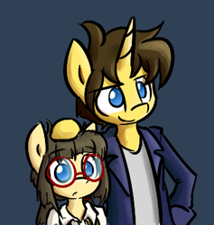 Size: 333x351 | Tagged: safe, artist:spheedc, derpibooru import, oc, oc only, oc:dream chaser, oc:sphee, earth pony, semi-anthro, unicorn, bipedal, clothes, digital art, female, filly, glasses, head pat, jacket, male, pat, simple background, stallion