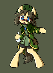 Size: 646x886 | Tagged: safe, artist:spheedc, derpibooru import, oc, oc only, oc:khyoo, earth pony, semi-anthro, bipedal, bottle, clothes, digital art, female, glasses, mare, potion, simple background, solo