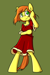 Size: 632x939 | Tagged: safe, artist:spheedc, derpibooru import, oc, oc only, oc:sweet corn, earth pony, semi-anthro, bipedal, clothes, digital art, female, green background, mare, simple background, solo