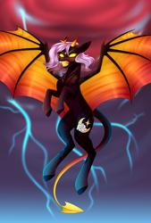 Size: 3000x4437 | Tagged: safe, artist:ohhoneybee, derpibooru import, oc, oc:cloudy night, demon, lightning, solo, species swap