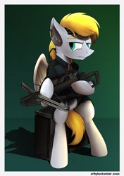 Size: 1348x1920 | Tagged: safe, artist:buckweiser, derpibooru import, oc, oc:cutting chipset, pegasus, augmented, bipedal, cables, computer, crossbow, cybernetic eyes, looking to side, raised eyebrow, sierra nevada, sitting, solo, weapon