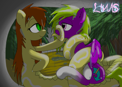 Size: 1754x1240 | Tagged: safe, artist:linasnake, derpibooru import, oc, lamia, original species, pegasus, snake, snake pony, cloud, cloudy, coiling, coils, complex background, eye contact, female, forest background, hug, looking at each other, mare, signature, slit eyes, smiling, snake eyes, wings