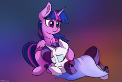 Size: 2400x1600 | Tagged: safe, artist:sadtrooper, artist:thefloatingtree, derpibooru import, rarity, twilight sparkle, twilight sparkle (alicorn), alicorn, pony, unicorn, blanket, eyes closed, female, gradient background, jewelry, lesbian, lying down, mare, necklace, rarilight, shipping, smiling