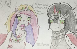 Size: 1115x717 | Tagged: safe, artist:gamerblitz77, artist:gmangamer25, derpibooru import, king sombra, princess cadance, alicorn, pony, umbrum, unicorn, the crystal empire, alternate character interpretation, alternate cutie mark, alternate scenario, alternate universe, armor, bevor, body scars, boots, chestplate, clothes, cloud, colored horn, corruptance, corrupted, corrupted cadance, criniere, croupiere, crown, crystal empire, cuirass, curved horn, dark magic, dark queen, disembodied horn, duo, echo world, evil cadance, fangs, fauld, female, glowing horn, gorget, hat, hoof shoes, horn, infidelity, jewelry, magic, male, meta, peytral, plackart, possessed, possession, queen cadance, queen cadence, regalia, robe, role swap, scar, shipping, shoes, simple background, skyscraper, sombra eyes, sombra's cape, sombra's horn, sombra's robe, somdance, straight, tiara, torch, traditional art, tyrant cadance, white background, word balloon, word bubble