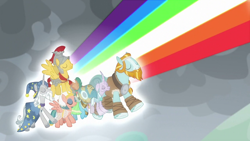 Size: 1920x1080 | Tagged: safe, derpibooru import, screencap, flash magnus, meadowbrook, mistmane, rockhoof, somnambula, star swirl the bearded, earth pony, pegasus, unicorn, the ending of the end, healer's mask, mask, pillars of equestria, rainbow