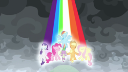 Size: 1920x1080 | Tagged: safe, derpibooru import, screencap, applejack, fluttershy, pinkie pie, rainbow dash, rarity, spike, dragon, earth pony, pegasus, pony, unicorn, the ending of the end, rainbow, winged spike