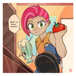 Size: 1280x1280 | Tagged: safe, artist:sugarelement, derpibooru import, babs seed, human, one bad apple, cocktail, ear piercing, female, food, humanized, looking at you, piercing, solo, speech bubble, tomato