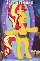 Size: 600x922 | Tagged: safe, derpibooru import, edit, edited screencap, screencap, sunset shimmer, better together, equestria girls, forgotten friendship, bag, bipedal, caption, image macro, saddle bag, solo, spongebob reference, t pose, text, we don't normally wear clothes