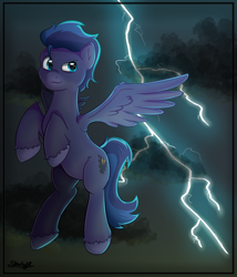 Size: 3000x3500 | Tagged: safe, artist:starlight, derpibooru import, oc, oc:stormspark, pegasus, commission, flying, lightning, male, solo