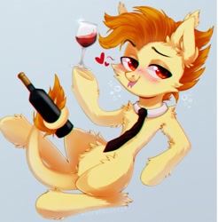 Size: 2097x2133 | Tagged: safe, artist:astralblues19, derpibooru import, oc, lizard, pony, alcohol, bottle, chest fluff, cute, drunk, ear fluff, eyebrows, fluffy, glass, hair, holding, leg fluff, lizard pony, mane, necktie, red eyes, shy, solo, tail, tongue out, wine, wine bottle, wine glass