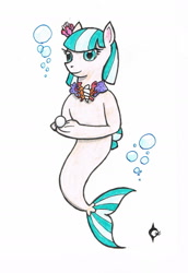 Size: 1197x1743 | Tagged: safe, artist:assertiveshypony, derpibooru import, coco pommel, pony, seapony (g4), clothes, drawing, frog (hoof), pearl, race swap, seaponified, seapony coco pommel, simple background, species swap, traditional art, underhoof, underwear, white background