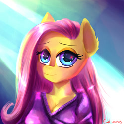 Size: 2000x2000 | Tagged: safe, artist:caliluminos, derpibooru import, fluttershy, anthro, breasts, bust, cleavage, clothes, cute, digital art, drawing, female, looking at you, mona lisa, shyabetes, signature, solo