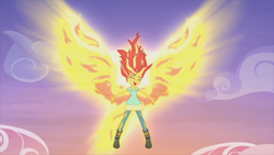 Size: 1920x1080 | Tagged: safe, derpibooru import, screencap, sunset shimmer, equestria girls, my past is not today, rainbow rocks, female, fiery shimmer, fiery wings, fire hair, floating, happy, mane of fire, singing, smiling, solo, sunset phoenix, wings