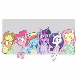 Size: 2048x2048 | Tagged: safe, artist:pfeffaroo, derpibooru import, applejack, fluttershy, pinkie pie, rainbow dash, rarity, twilight sparkle, twilight sparkle (alicorn), alicorn, earth pony, pegasus, pony, unicorn, bust, clothes, cowboy hat, eyes closed, female, floppy ears, folded wings, grin, hat, high res, hoodie, line-up, looking at each other, mane six, mare, simple background, smiling, spread wings, white background, wide eyes, wings