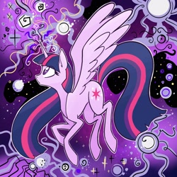Size: 2048x2048 | Tagged: safe, artist:pfeffaroo, derpibooru import, twilight sparkle, twilight sparkle (alicorn), alicorn, pony, abstract background, female, high res, looking at something, looking up, magic, mare, open mouth, profile, solo, spread wings, wings
