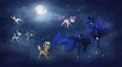 Size: 3700x2063 | Tagged: safe, artist:cvanilda, derpibooru import, princess luna, oc, oc:sky secret, alicorn, pegasus, pony, female, flying, full moon, mare, moon, night, pegasus oc, peytral, signature, stars, wings