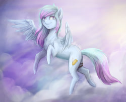 Size: 2999x2439 | Tagged: safe, artist:cvanilda, derpibooru import, oc, oc only, pegasus, pony, flying, pegasus oc, sky, smiling, solo, tail, wings