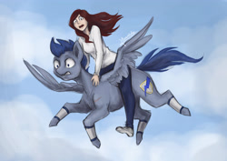 Size: 3508x2480 | Tagged: safe, artist:cvanilda, derpibooru import, oc, oc only, oc:blue thunder, human, pegasus, pony, clothes, cloud, duo, flying, male, pegasus oc, riding a pony, scared, stallion, wide eyes, wings