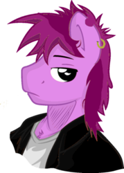 Size: 300x419 | Tagged: safe, derpibooru import, editor:soulless pinkamena, oc, oc only, oc:soulless pinkamena, anthro, clothes, ear piercing, earring, jacket, jewelry, lidded eyes, looking at you, male, piercing, shirt, simple background, solo, t-shirt, transparent background
